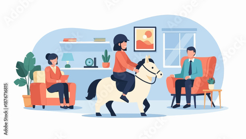 Surreal therapy session with a person on a horse