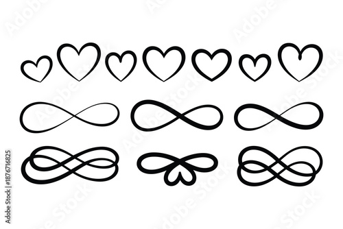 Collection of heart and infinity symbols isolated on white background, Vector
