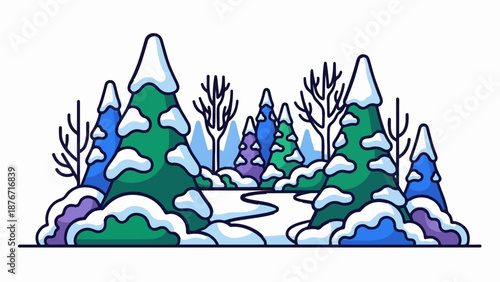 Stylized winter forest scene with snow-covered evergreens and bare deciduous trees along a winding path