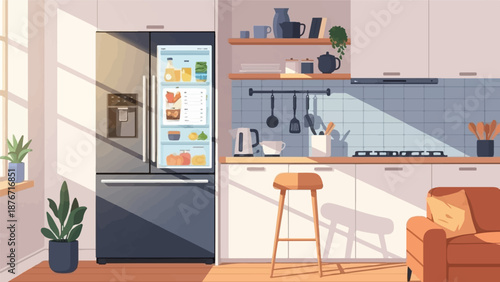 Sunlight streams into a modern kitchen, illuminating an open refrigerator filled with food and a cozy seating area