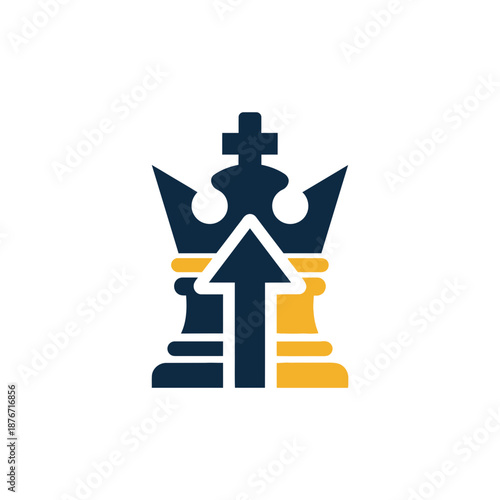 Strategic King Chess Piece Crown and Upward Arrow Logo Design symbolizing Growth, Leadership, and Success.