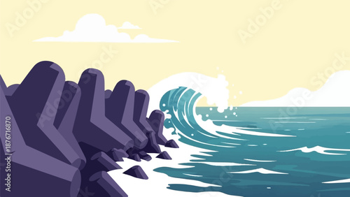 Stylized wave crashes against a rocky shore with tetrapods under a pale yellow sky