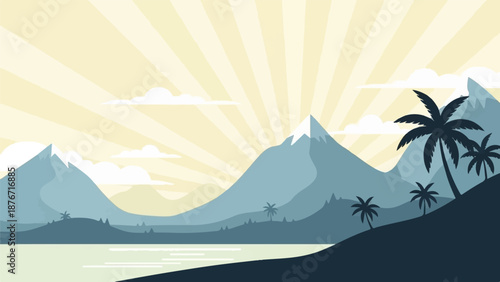 Stylized tropical mountain landscape with sun rays and palm trees