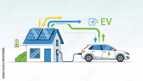 Electric Vehicle Charging Station Powered by Solar Panels on House.