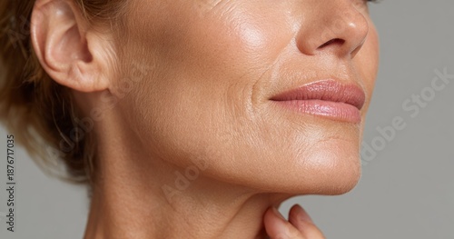 Close-Up View of Beautiful Skin and Decolletage with Skincare Treatment Glow