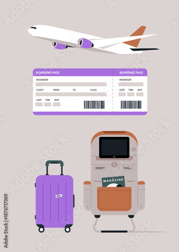This setup showcases a stylish airplane seat set with a personal entertainment screen, a sleek suitcase, and a boarding pass ready for travel, creating a sense of adventure.