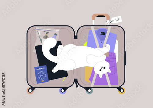 A fluffy white cat relaxes on top of colorful clothing and travel items in a suitcase, creating a whimsical scene filled with adventure and comfort.