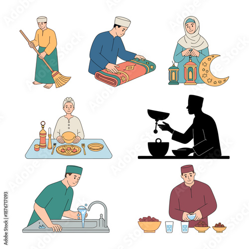 Ramadan Daily Life Illustration: Depicting various aspects of Ramadan, this illustration showcases individuals engaged in daily activities.