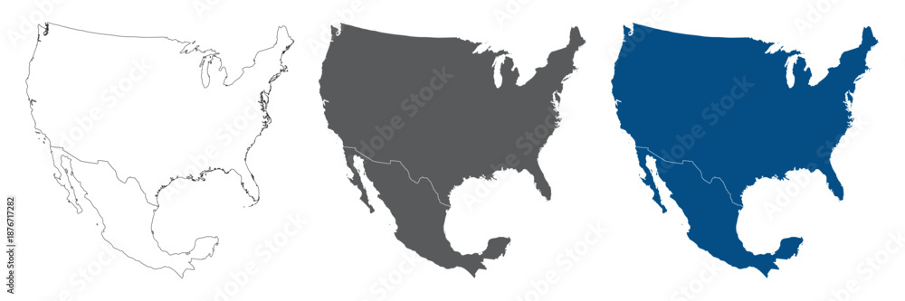 Fototapeta premium USA and Mexico Line Map Set with White Blue and Grey Color Variations USA and Mexico map in plain set.