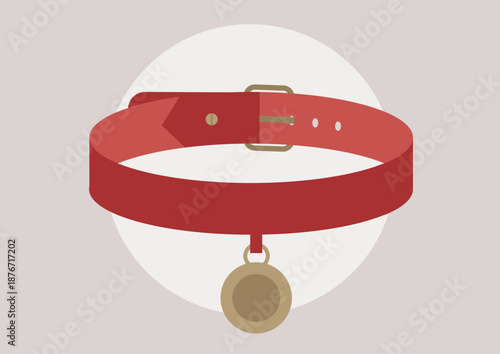 A red leather collar with a pet ID tag is an essential gear for adventurous outings with furry companions, suitable for road trips and outdoor escapades