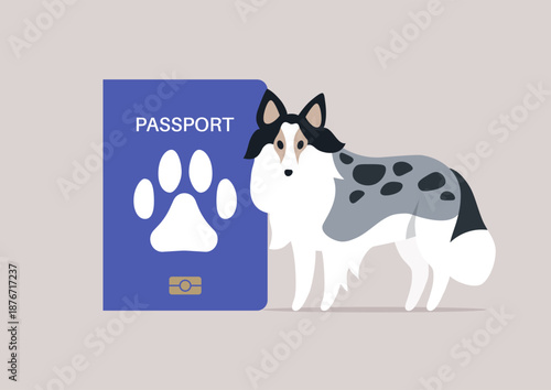 A charming illustration captures a pet-friendly travel set, complete with a passport designed for pets, A playful sheltie dog stands by, ready for delightful journeys with their owner