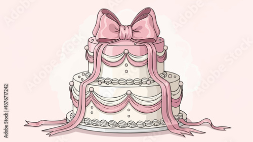 Elegant Two Tiered Wedding Cake with Pink Bow and Ribbons.