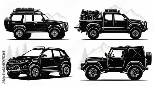 Collection of Off Road Vehicles and Mountains.