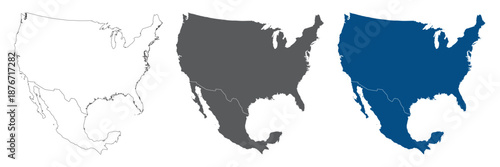 USA and Mexico Line Map Set with White Blue and Grey Color Variations USA and Mexico map in plain set.