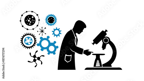 A silhouette of a professional in a lab coat looking at a microscope with gear and DNA icons.