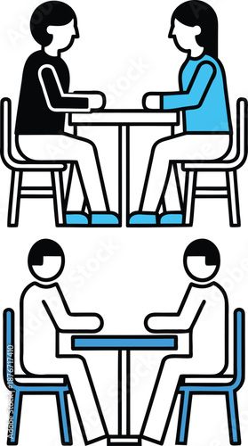 People sitting at table for business meeting or interview vector illustration set showing characters in casual and professional attire engaging in conversation with chairs and desk elements