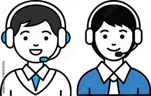 Customer support representative icons set featuring male agents wearing headsets with microphones for call center services telemarketing and help desk technical assistance vector illustration