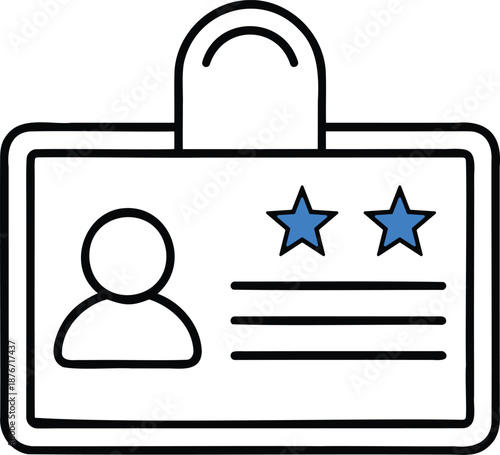 Identification card icon with profile avatar and two rating stars symbolizing employee verification membership access or professional certification badge with linear details vector graphics