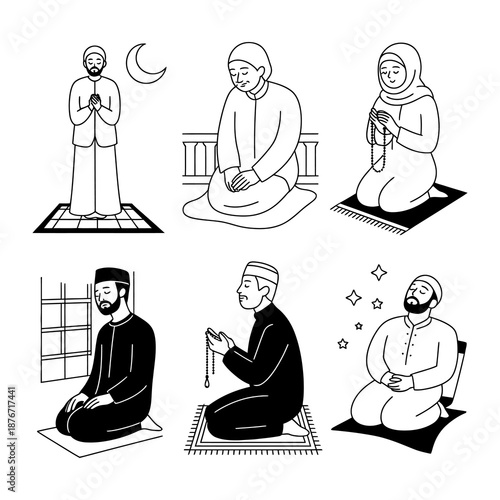 Spiritual Moments: A collection of figures engaging in prayer, reflecting on faith and devotion with reverence and solemnity.