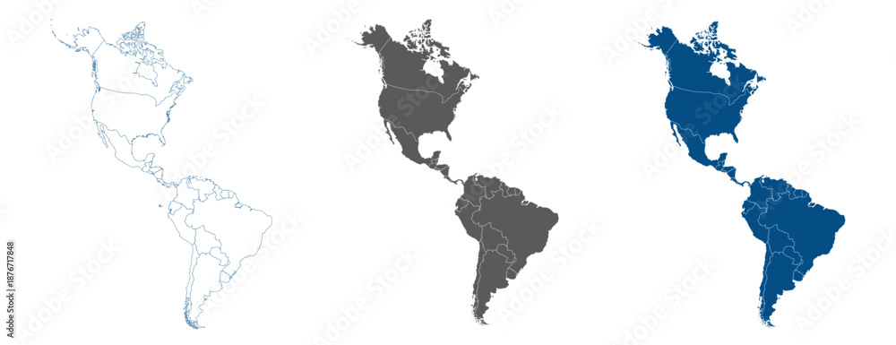 Naklejka premium Pan American Continent Line Map Set with White Blue and Grey Color Variations. America continent map in country.
