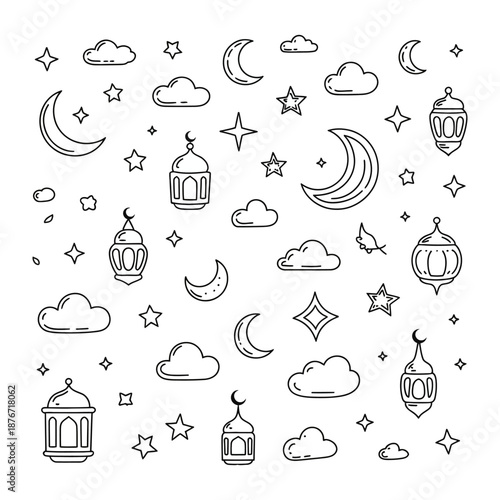 Islamic Ramadan Decorative Elements: A serene composition showcases intricate line art illustrations of crescent moons, stars, clouds, and ornate lanterns, ideal for cultural or religious themes.