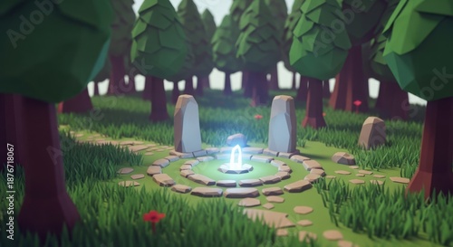 Enchanted Forest Clearing with Mystical Glowing Fountain and Ancient Stone Monoliths.