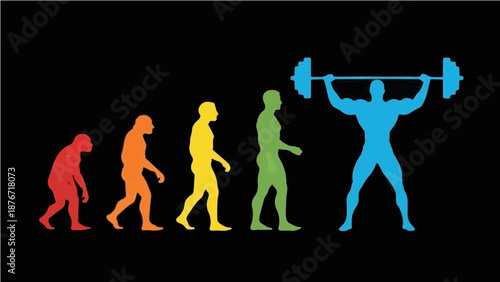 Evolution of Man to Weightlifter - Colorful Silhouette Progress from Ape to Bodybuilder Graphic Illustration
