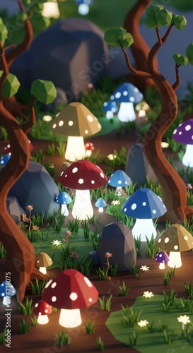 Enchanted Forest with Glowing Mushrooms and Whimsical Trees.