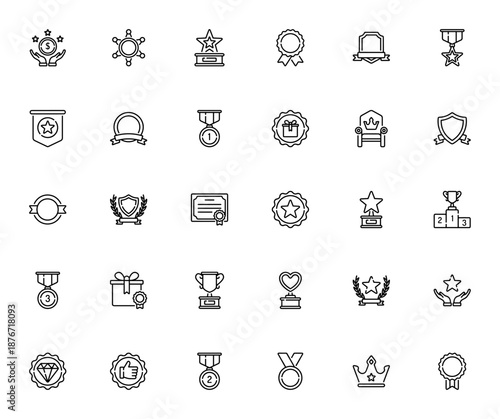 Rewards & Badges icon set. Vector trophy, medal, crown, gift, podium and award symbols collection. Minimal linear style for gamification and achievements.