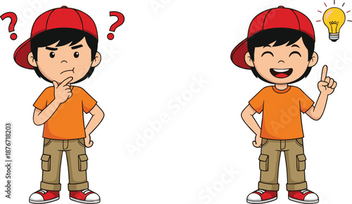 Boy thinking confused then having bright idea concept flat vector illustration for problem solving education design