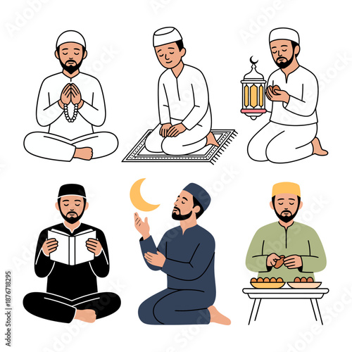 Spiritual Moments: A collection of illustrations depicting Muslim men in various prayer and worship poses, conveying devotion and reverence.