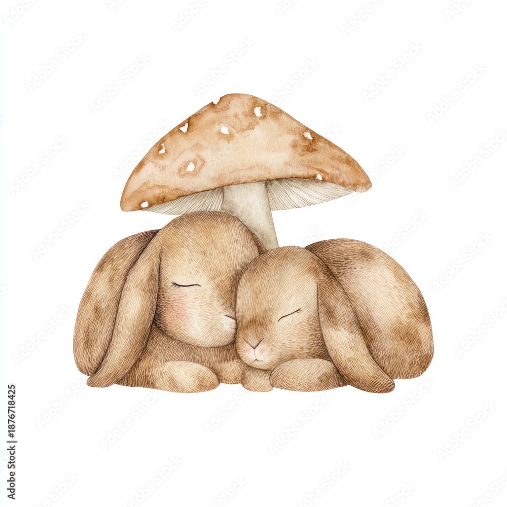 Fototapeta premium Watercolor illustration of two sleeping bunnies huddled under a mushroom