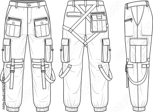 Cargo pants technical drawing with front, back and side views, multi pocket utility trousers, CAD flat vector illustration, apparel fashion template, clothing schematic
