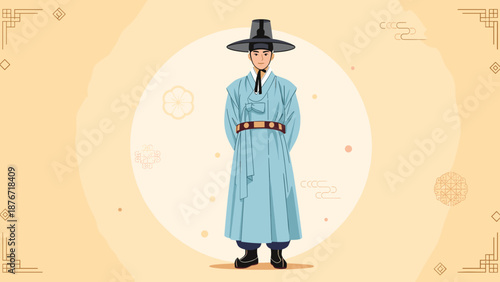 Full-length Korean noble young man wearing Joseon era traditional attire, suitable for cultural celebrations, education and art