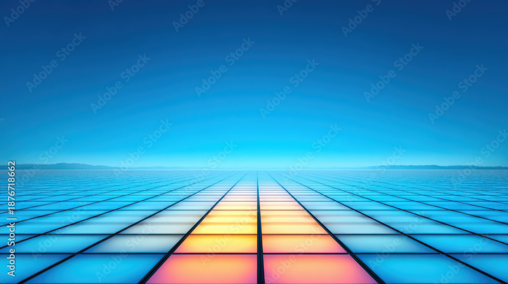 Obraz premium Digital + business + deal glowing horizon grid floor with warm center light and cool blue sky creating optimistic mood