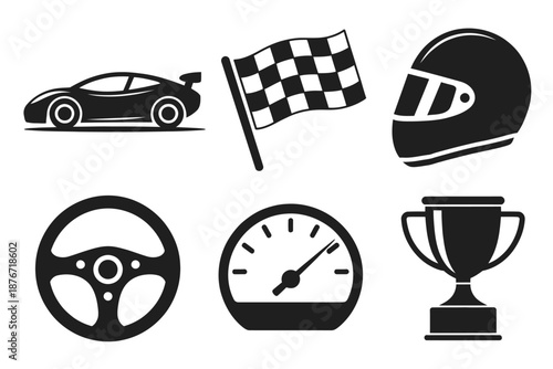 Racing icons essential motorsport silhouettes, featuring race cars, helmets, checkered flags, trophies, and awards, vector illustrations for motorsport events, automotive design, 