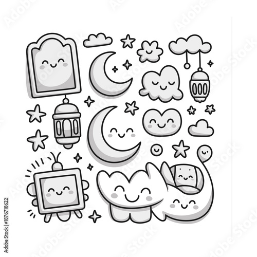 Moonlight Serenade: A whimsical assortment of celestial bodies and other elements, each with a cheerful expression, are arranged playfully on a plain surface.