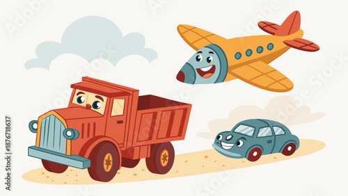 Happy cartoon vehicles driving and flying together
