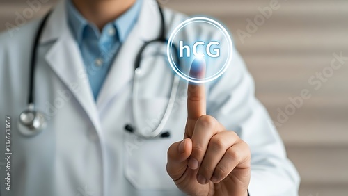 Doctor's finger precisely touching a glowing digital icon displaying the abbreviation hcg representing human chorionic gonadotropin hormone testing in modern medicine.