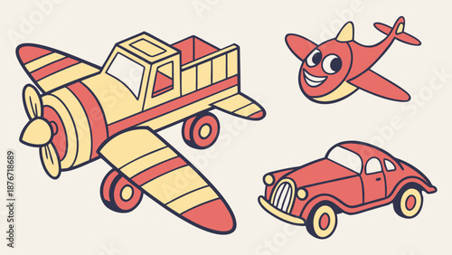 Vintage toy airplane and car with smiling cartoon plane