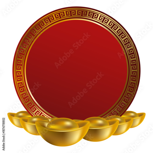 Chinese New Year background featuring a red circular frame with traditional golden ingots symbolizing wealth, prosperity, and good fortune. Festive Lunar New Year illustration with copy space