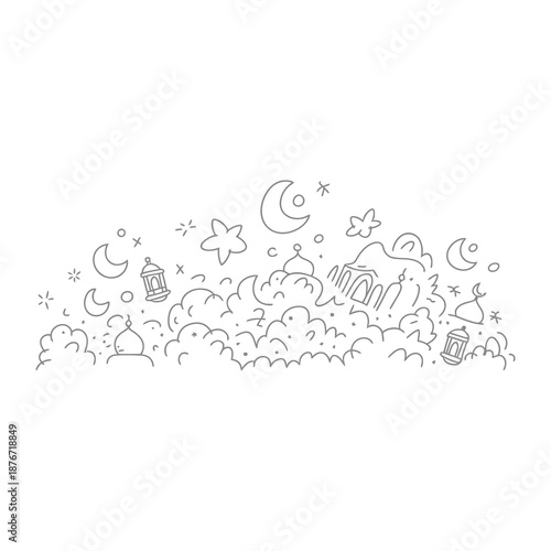 Ramadan themed line art: Evoking the serene atmosphere of Ramadan with simple lines of stars, moons, and mosques, against a backdrop of clouds.