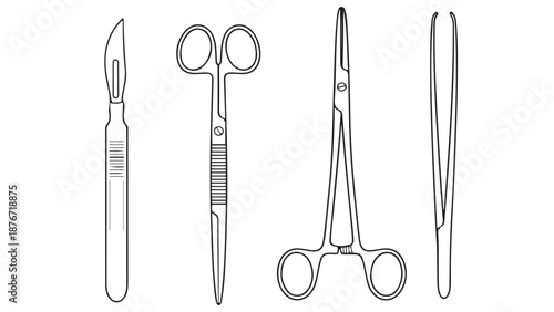 Precision surgical tools set featuring scalpels and medical forceps for clinical operating room procedures and healthcare equipment supply business branding.
