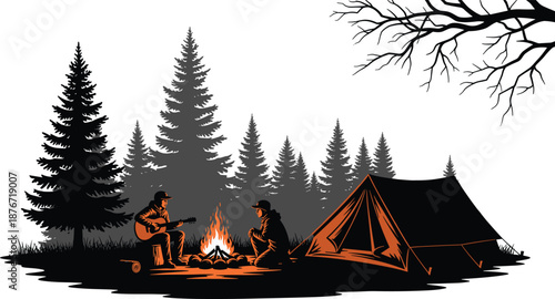 Camping, forest, campfire, guitar, tent, people, outdoor, nature, pine, trees, silhouette, illustration, night, relaxation, travel, adventure, peaceful, scene, black, white, firelight, companionship