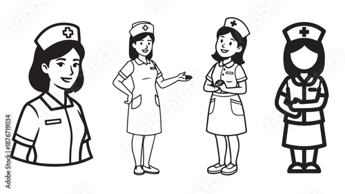 Set of professional female nurse characters in medical uniforms for healthcare recruitment and clinical hospital staff management branding resources.