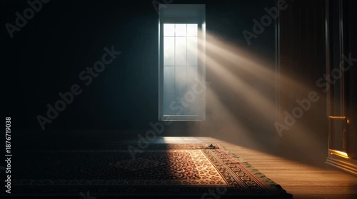 Soft Divine Light Rays Illuminating Empty Prayer Rug in Peaceful Islamic Interior During Ramadan Spiritual Reflection
