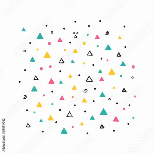 Playful abstract pattern featuring an array of vibrant colorful triangles and scattered dots, embodying a modern design concept for creative backgrounds and youthful projects