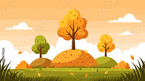 Autumn landscape with orange trees and hills Autumn.