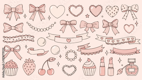 Cute Kawaii Elements Collection Bows Hearts Ribbons and Sweets.