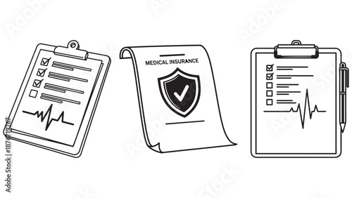 Medical clipboard and healthcare insurance policy documents for clinical record management and pharmaceutical business administration branding identity.